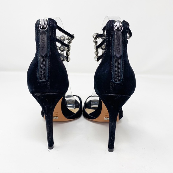 Schutz Size 6B Black Stiletto Heel Sandals with Bejeweled Rhinestone Ankle Strap - Picture 4 of 10